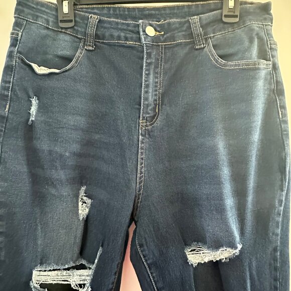 Distressed Blue Denim Jeans Large Cotton & Polyester Blend Straight Fit Womens C - Picture 5 of 6